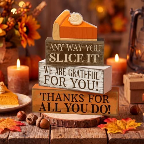 Moucuny 4 Pcs Fall Stacked Blocks Pumpkin Pie Farmhouse Thanksgiving Decor