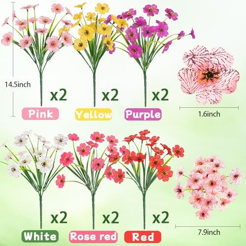 12 Bundles Artificial Flowers for Outdoors, UV Resistant Faux Plants