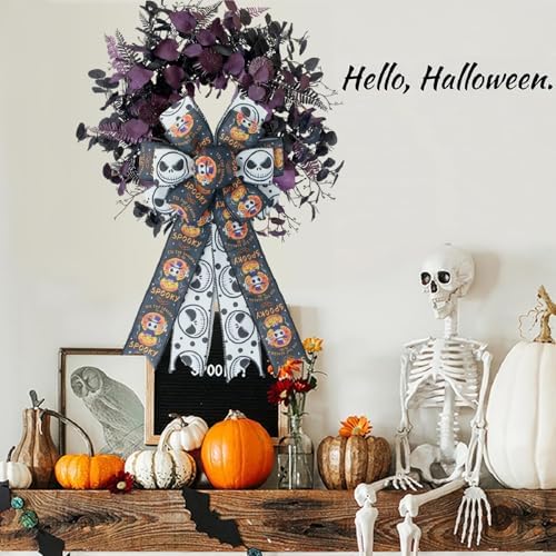 1 Pcs Large Halloween Wreaths Bow - Spooky Skeleton & Pumpkin Print Bow for Wreaths, Indoor Outdoor Decor, Halloween Party Supplies Gifts (Skeleton & Pumpkin Bow)