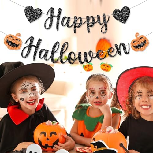 Pre-Strung Happy Halloween Decorations Banner Black Glitter