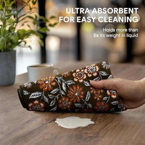 RECYCO Waffle Kitchen Towel Set of 2 - Quick Dry Microfiber Sustainable Dish Towels - Ultra Absorbent Reusable Cleaning Tea Towels - Lightweight Hand Towels,16”x 28”, Amber Flora