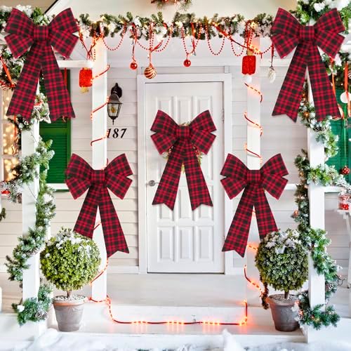 2 PCS Xmas Decorations, Red Black Buffalo Plaid Large Christmas Bows, 12 × 18 IN Christmas Tree Bow PVC Large Red Christmas Bows Indoor Outdoor Xmas Hanging Christmas Wreath Bows for Fence Fireplace