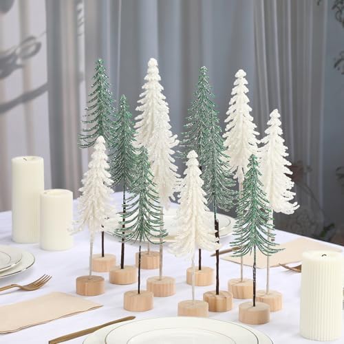 Jetec 6 Pcs Mini Christmas Tree Small Alpine Trees Tabletop Artificial Pine Christmas Tree with Wooden Base Snow Frost Village Bottle Brush Trees Holiday Season Decoration Centerpiece Displays(White)