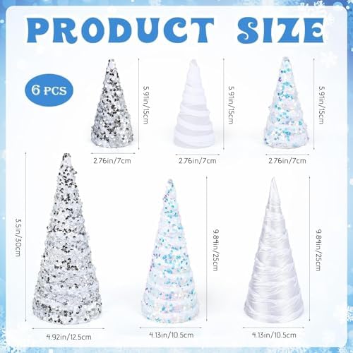 6 Pcs 12" 10" 6" Cone Christmas Tree Decorations Christmas Snow White Glitter Table Decor Farmhouse Trees Tiered Tray Ornament Xmas Tree for Home Holiday Entryway Tabletop Tree Centerpiece Decor