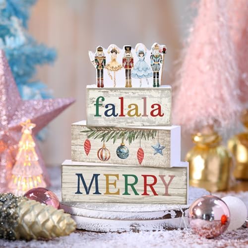 Lineshading 4 Pcs Wooden Nutcracker Block Signs Christmas Farmhouse Decor