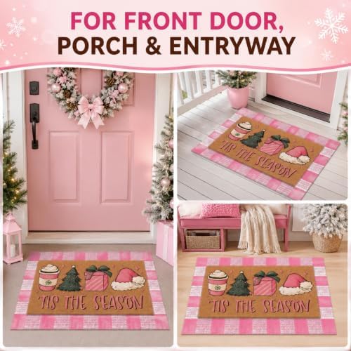 Tinideya 2 Pcs Pink Christmas Layered Doormat Set, Holiday Front Door Mats