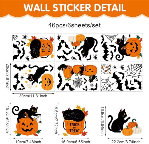 Halloween Black Cat Pumpkin Window Clings, Double Sided Bat Spider Web Stickers for Party