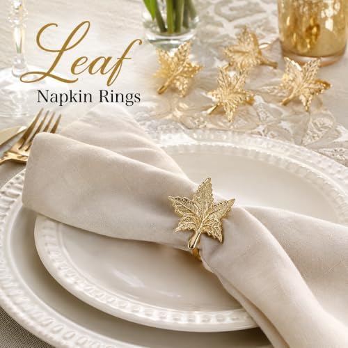 ALPHA Living HOME Leaf Decor Napkin Rings - 12 Pcs Modern Napkin Ring Dining Metal Table Décor for Wedding, Holiday, Thanksgiving, Christmas, Formal Dining & Special Occasions (Gold)