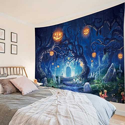 HVEST Halloween Tapestry Night Tapestry Wall Hanging Haunted Woods with Grave and Pumpkins Wall Blanket for Bedroom Living Room Dorm Decor,60W X 40H inches