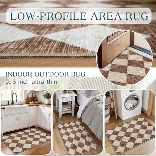 Front Door Rug - 2x3 Brown Beige Checkered Diamond Entry Rug