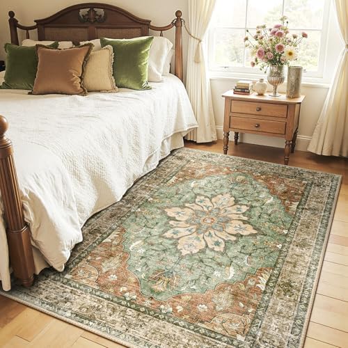 RELEANY Washable Area Rug, 4'x6', Brick/Brown/Green