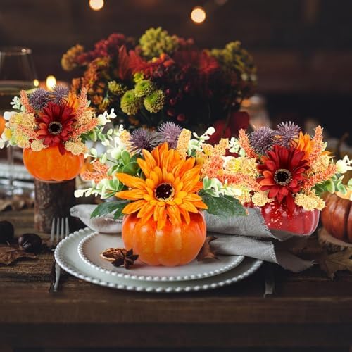 Set of 6 Mini Fall Pumpkin with Artificial Flower Decorations Thanksgiving Sunflower Centerpieces for Tables Harvest Fall Table Floral Decor Autumn Fireplace Mantle Living Room Home Kitchen Party
