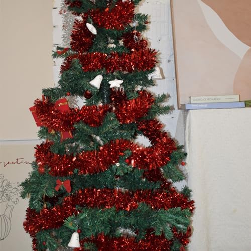 33FT Christmas Tinsel Garland,Red Shiny Metallic Foil Decorations for Parade Floats, Halloween, Christmas Tree, New Year Parties,Birthday Party,Indoor and Outdoor Disco Party Supplies