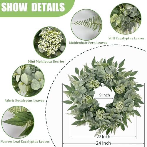 24" Faux Eucalyptus Fern Wreath for Front Door, Year-Round Farmhouse