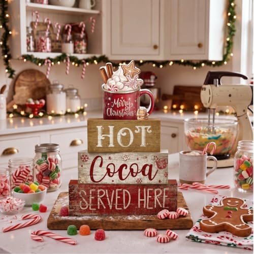 Moucuny 4 Pcs Christmas Table Decor for Home Kitchen, Wooden Coffee Cocoa