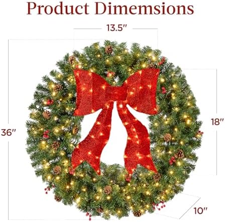 Best Choice Products 36in Pre-Lit Christmas Wreath w/Berries & Pinecones, Large Artificial Indoor/Outdoor Decor for Door, Mantel w/Red Bow, Plug-in