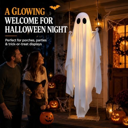 Halloween Hanging Swinging Ghost, Light Up Ghost Porch Decor with IP65 Remote String Lights, Halloween Outdoor Spooky Ghosts Decoration for Front Porch Tree Yard Entryway