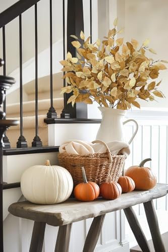 Artificial Fall Birch Leaves Stem - 6 Pcs Faux Autumn Greenery Long Stems 33.4" Tall Fake Plants with Branches Decorations for Thanksgiving Wedding Centerpieces Home Table Decor Floral Arrangements