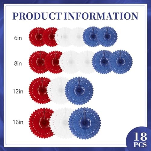 18 Pcs Red White Blue Hanging Paper Fan, Hanging Honeycomb Round Paper Fans for Weddings, Birthdays, Independence Day, Classroom, Events Ceiling Party Supplies Decorations