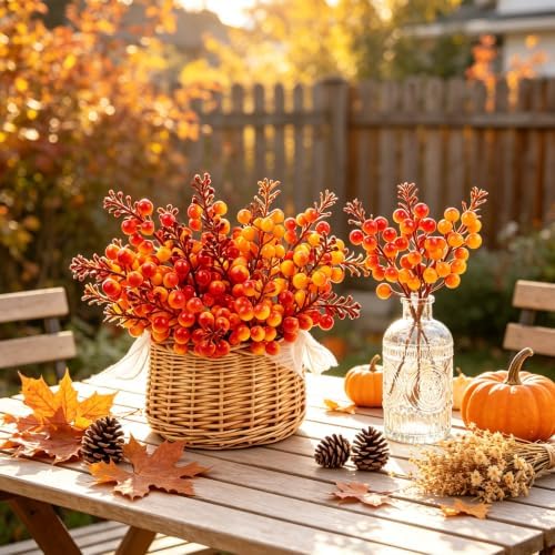 24 Pack Fall Berry Stems 7.5" Orange Berry Picks