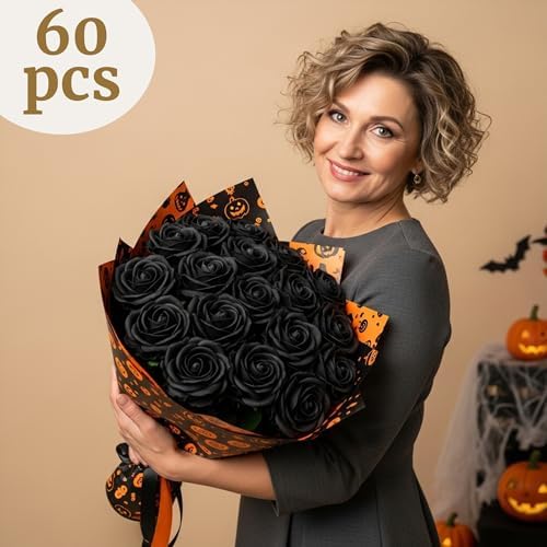 Auihiay 60PCS Black Roses, Fake Roses, Artificial Roses, Velvet Silk