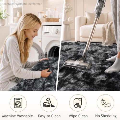 Ophanie Tie-Dyed Black & Grey Area Rugs 2x6 for Bedroom Living Room, Fluffy Shag Fuzzy Carpet, Plush Shaggy Rug, Indoor