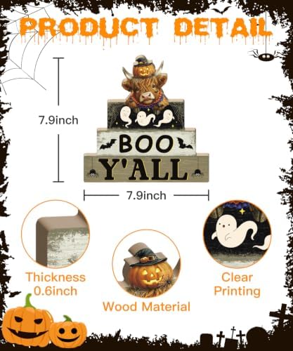Putuo Decor Halloween Highland Cow Table Decor, Wooden Boo Yall Shelf Sign
