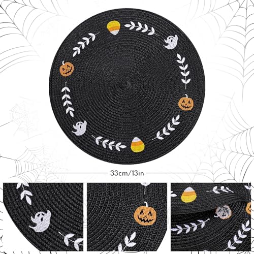 Whaline 4 Pcs Round Halloween Placemats Embroidered Ghost Pumpkin Candy Corn Place Mats Black Spooky Dinner Table Mats for Halloween Holiday Trick or Treat Party Table Decor