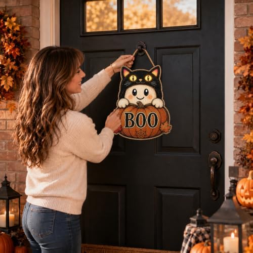 Halloween Door Sign Cute Ghost Wear a Black Cat Hat Pumpkin BOO Decor