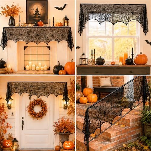 Halloween Fireplace Mantel Scarf,Lace Spiderweb Mantel,18 x 96 Inch