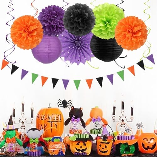 Black Purple Orange-Green Halloween Party-Decorations - 20pcs Paper Lanterns Fans,Tissue Pom Poms,Honeycomb Balls,Hotel Transylvania Hocus Pocus Birthday Baby Bridal Shower Wedding Decor Burgleda