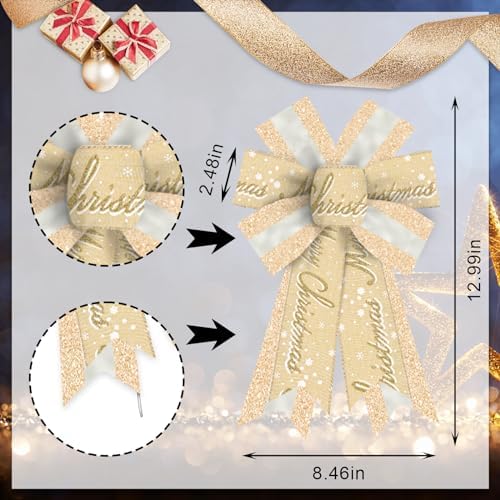 Estivaux 2 Pieces Christmas Bows for Wreath, Merry Christmas Wreath Bows Glitter Golden Burlap Bows Xmas Craft Bows Ornaments Winter Snow Tree Bows for Front Door Christmas New Year Decorations