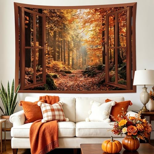 LB Fall Forest Tapestry Autumn Maple Tree Outside Brown Window Wall Tapestry Rustic Nature Landscape Tapestries Wall Hanging for Bedroom Living Room Dorm Decor, 59Wx51H inches