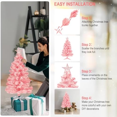 DUUDO 3FT Pink Premium Hinged Artificial Holiday Small Mini Christmas Tree for Tabletop,Home, Office, Indoor and Outdoor Holiday Decoration,Easy Assembly Metal Hinges & Foldable Base