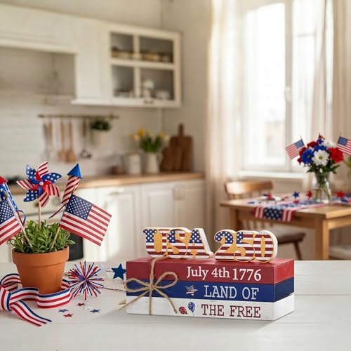 Smile 4th of July 250th Anniversary Wooden Block Stack with USA Decor, 5-Piece "Land of the Free" Patriotic Tiered Tray Tabletop Sign for Independence Day Decorations