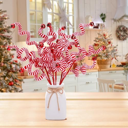 Sggvecsy 6 Pcs Christmas Tree Decoration Candy Cane Woolen Bells Candy Shape Christmas Tree Picks Christmas Bell Curly Picks Ornaments Xmas Tree Topper for Vase Filler Office Home Decor (Red)