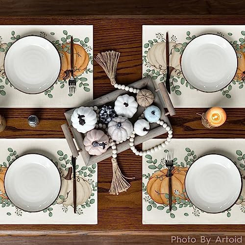 Artoid Mode Orange Pumpkins Eucalyptus Leaves Fall Placemats Set of 4, 12x18 Inch Autumn Thanksgiving Holiday Table Mats for Party Kitchen Dining Decor