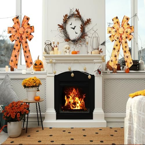 2PCS Halloween Bows for Wreath Large Halloween Bow with Spider Web Pattern
