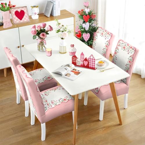 Valentine's Day Chair Covers Set of 6, Romantic Pink Rose Chairs Slipcover for Dining Room, Removable Washable Breathable Cover in the Kitchen Restaurant Holiday Decor