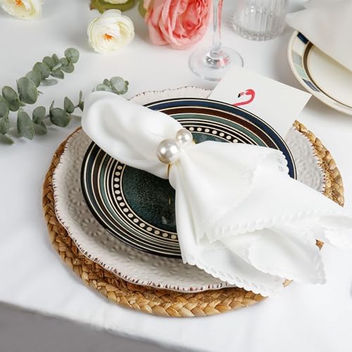 White Cloth Napkins Set of 4, Polyester Dinner Napkins Washable Reusable, Wave Lace Table Cloth Napkins for Christmas Thanksgiving Festival Holiday Dinner Table Decoration
