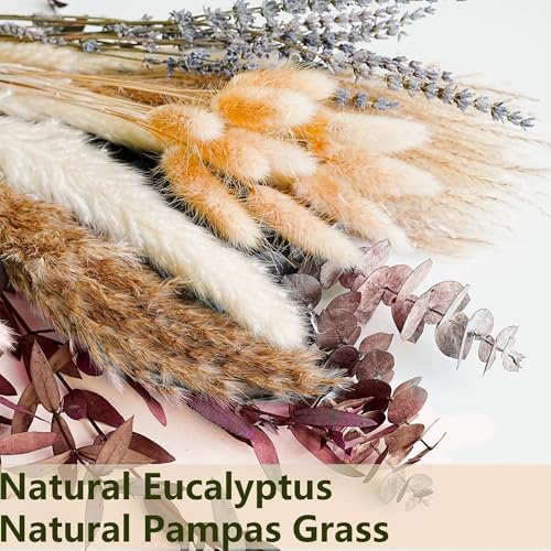 Fall Dried Flower Bouquet with Pampas Grass, Orange Bunny Tails, Lavender & Red Eucalyptus –Boho Fall Decor for Home