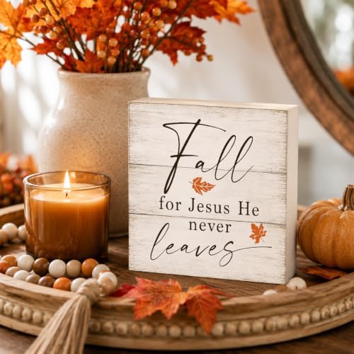 Fall For Jesus He Never Leaves Sign | Bold Script Leaf Wall Art