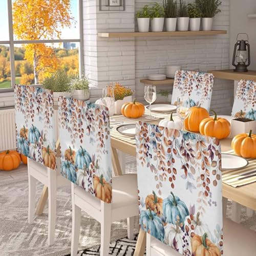 Fall Chair Covers Set of 8 Autumn Eucalyptus Leaf Chair Slipcover Protector Removable Stretch Chair Covers Maple Leaves Harvest Pumpkin Thanksgiving Chair Back Covers for Dining Chairs Kitchen Party