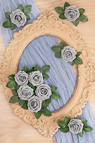 MACTING 30PCS Grey Artificial Roses with Stems, Real Touch Foam Flowers
