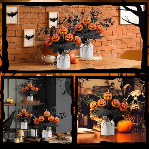 Thiccywoov 4 Sets Halloween Table Centerpiece Decorations Artificial Black Pumpkins Eucalyptus with Metal Vase Faux Pumpkins Plants in Pots for Halloween Trick or Treat Party Home Dining Table Decor