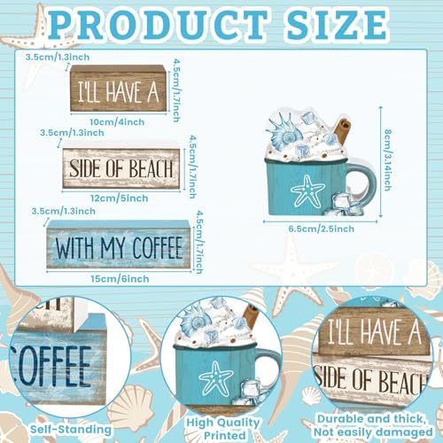 Lineshading 4 Pcs Beach Coastal Wooden Block Signs with Coffee Cup Summer