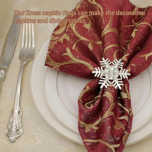 Christmas Silver Napkin Rings Set of 6, Metal Winter Snowflake Napkin Holders Wedding Dinner Home Table Decors Winter Decorations Christmas Decors