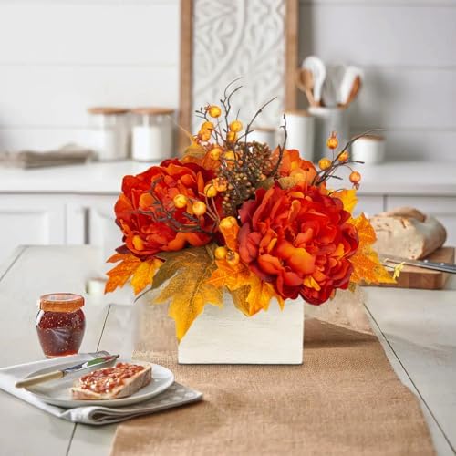 DILATATA Fall Decor Autumn Harvest Floral Centerpiece with Artificial Peony Maple Leaf and Berries Arrangement for Thanksgiving Party Mantel Fall Decor