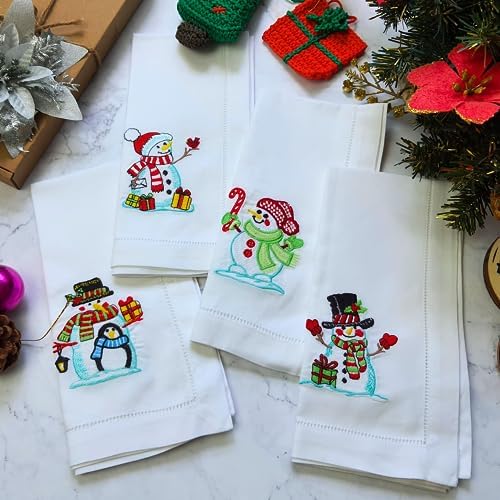 HCRAFT Embroidered Cotton Table Napkin, Cloth Napkins Set of 4 18"x18" Snowman Napkin Square Fabric, Dining Room, Napkins Cloth Machine Washable, Christmas Napkins, Great Present Ideas