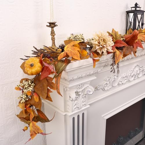 Fall Garland 6Ft Lifelike Autumn Maples Leaf Pumpkin Garland with Berries Pine Cones, Fall Decorations for Home Thanksgiving Halloween Fireplace Farmhouse Porch Indoor Outdoor Decorations